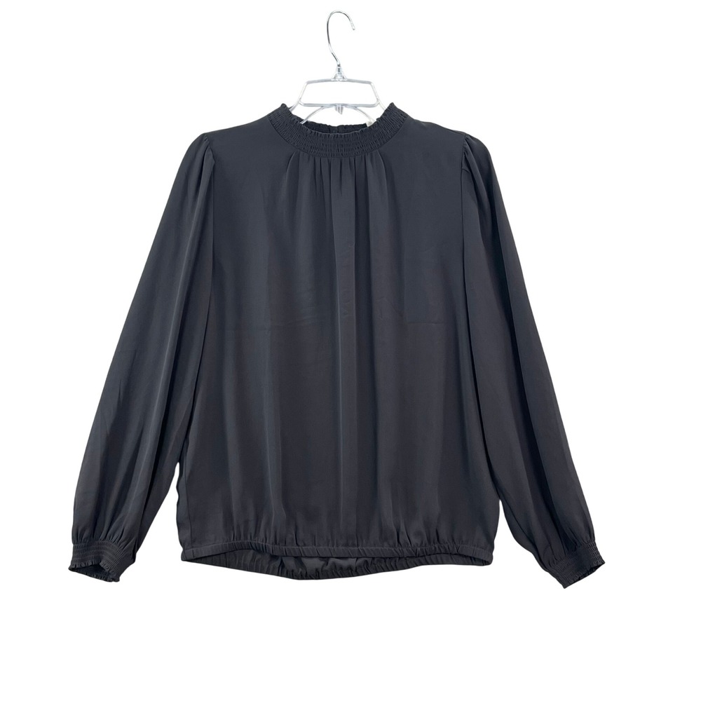 LOFT Outlet Blouse Womens Medium Black Smocked Mock Neck Long Sleeve Top Gorp
